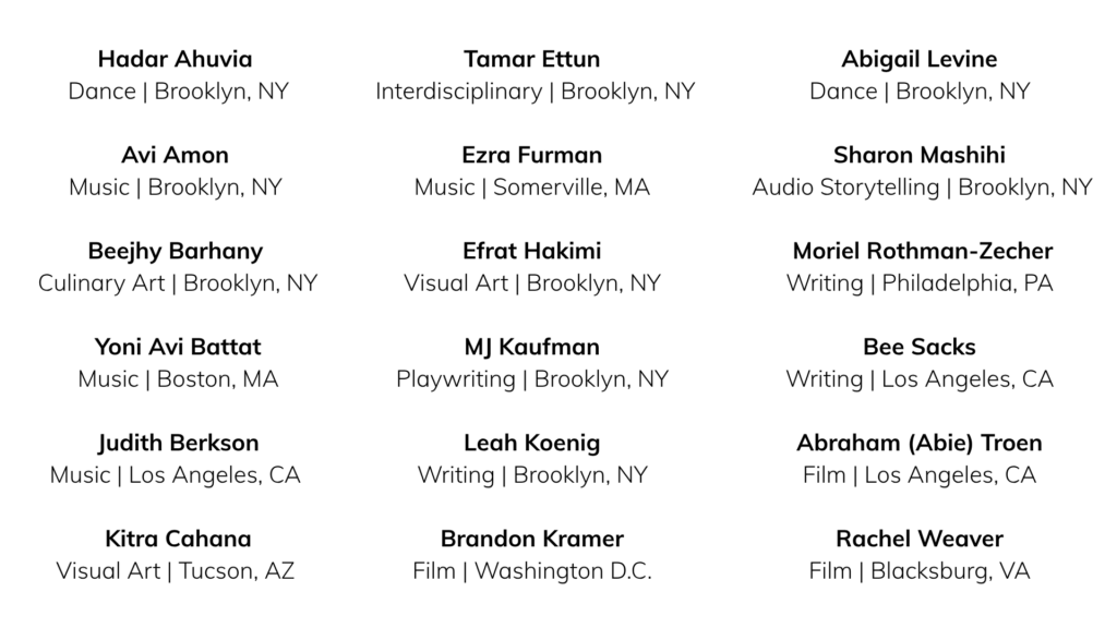 2026 Cultural Leadership Program fellows: Hadar Ahuvia (Dance, Brooklyn, NY); Tamar Ettun (Interdisciplinary, Brooklyn, NY); Abigail Levine (Dance, Brooklyn, NY); Avi Amon (Music, Brooklyn, NY); Ezra Furman (Music, Somerville, MA); Sharon Mashihi (Audio Production, Brooklyn, NY); Beejhy Barhany (Culinary Art, Brooklyn, NY); Efrat Hakimi (Visual Art, Brooklyn, NY); Moriel Rothman-Zecher (Writing, Philadelphia, PA); Yoni Avi Battat (Music, Boston, MA); MJ Kaufman (Playwriting, Brooklyn, NY); Bee Sacks (Writing, Los Angeles, CA); Judith Berkson (Music, Los Angeles, CA); Leah Koenig (Writing, Brooklyn, NY); Abraham Troen (Film, Los Angeles, CA); Kitra Cahana (Visual Art, Tucson, AZ); Brandon Kramer (Film, Washington, D.C.); Rachel Weaver (Film, Blacksburg, VA).